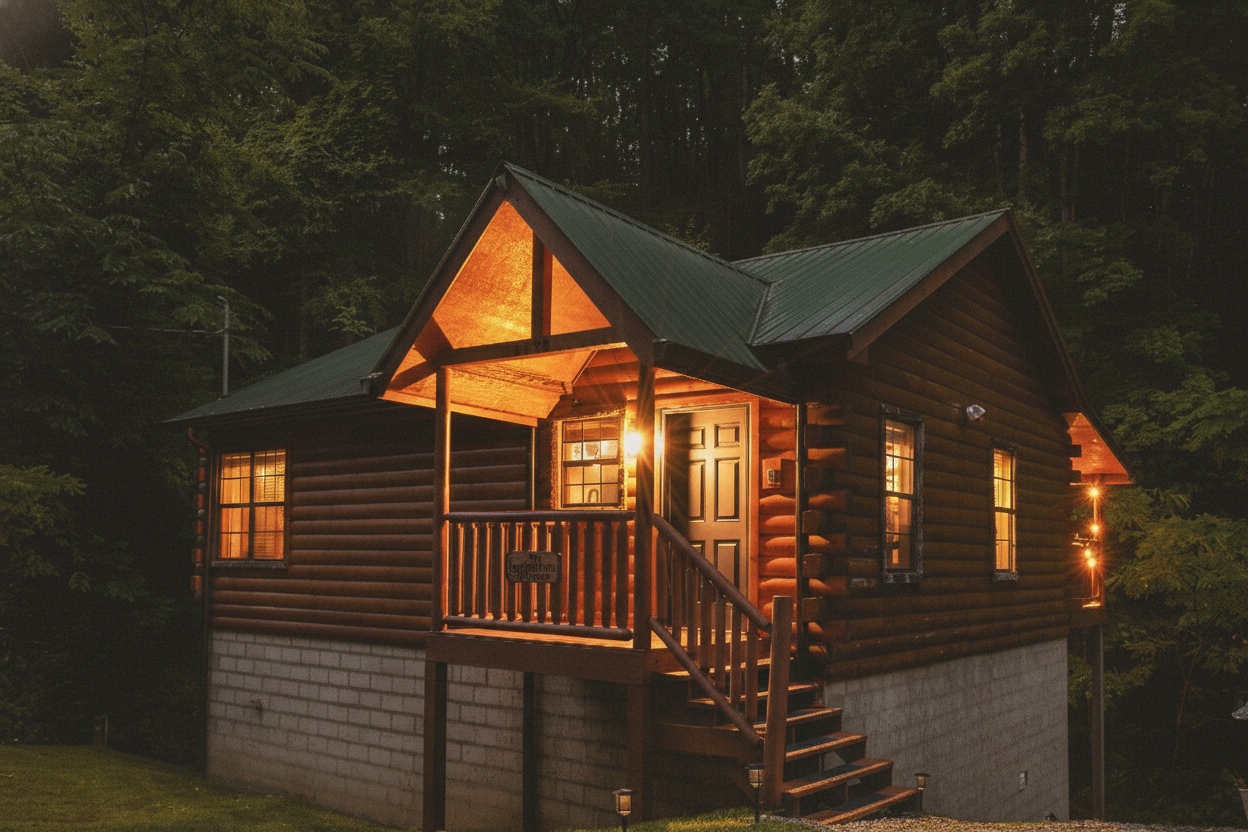 Smoky Creek Hideaway living room with teal sofa, stone fireplace, and hanging bubble chair