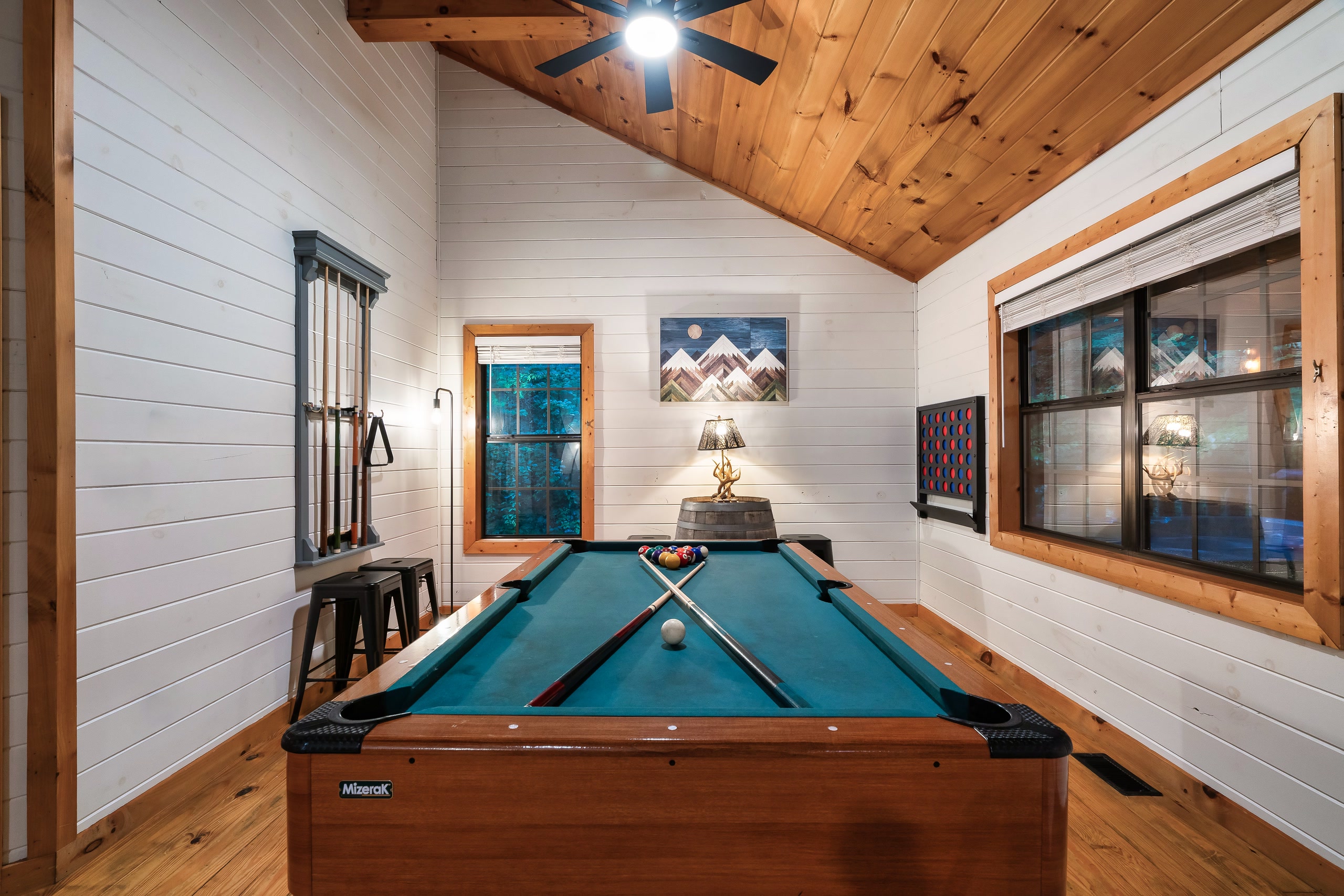 Game room with pool table and mountain views at Tennessee cabin rental