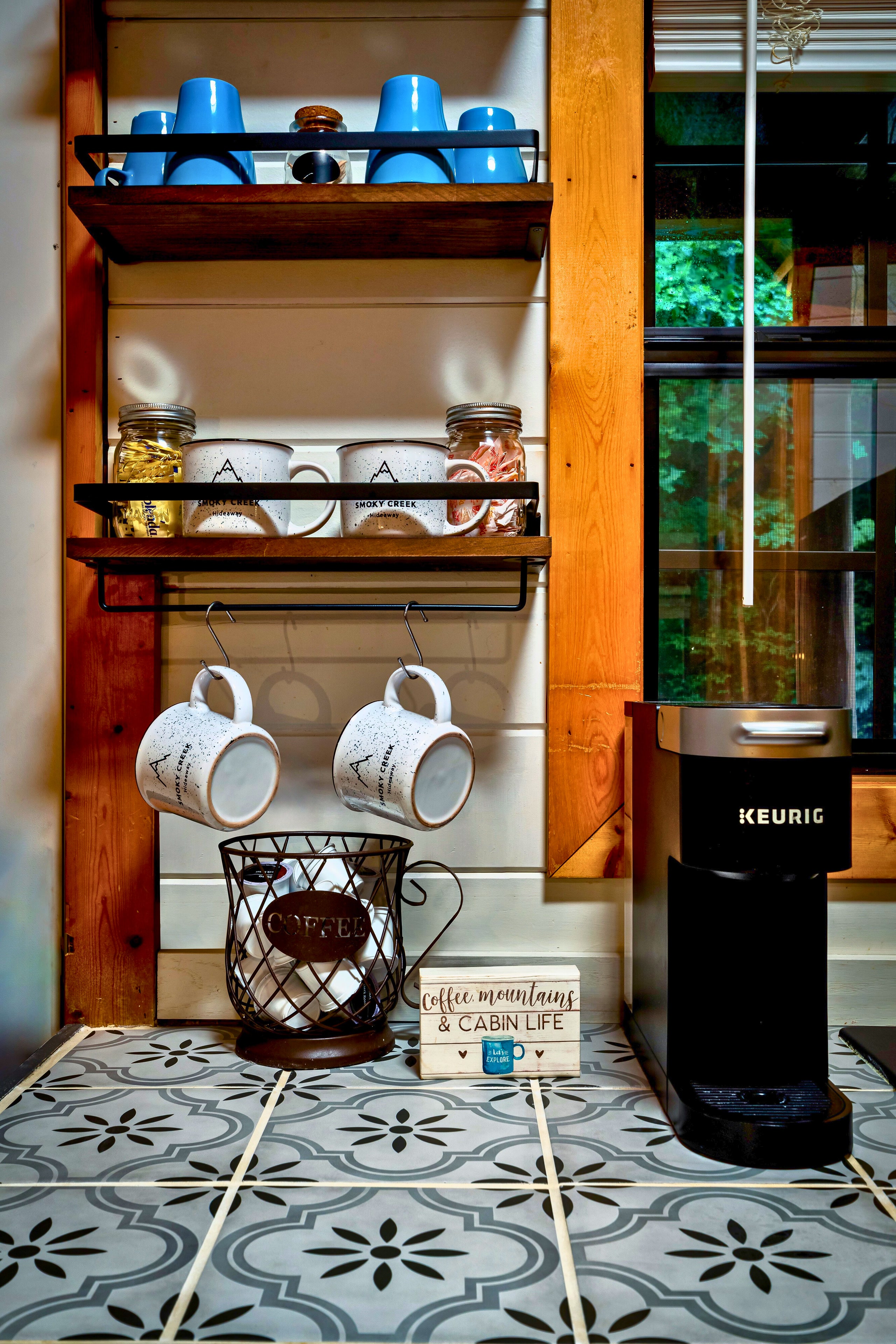 Coffee bar with turquoise mugs at Smoky Creek Hideaway Tennessee