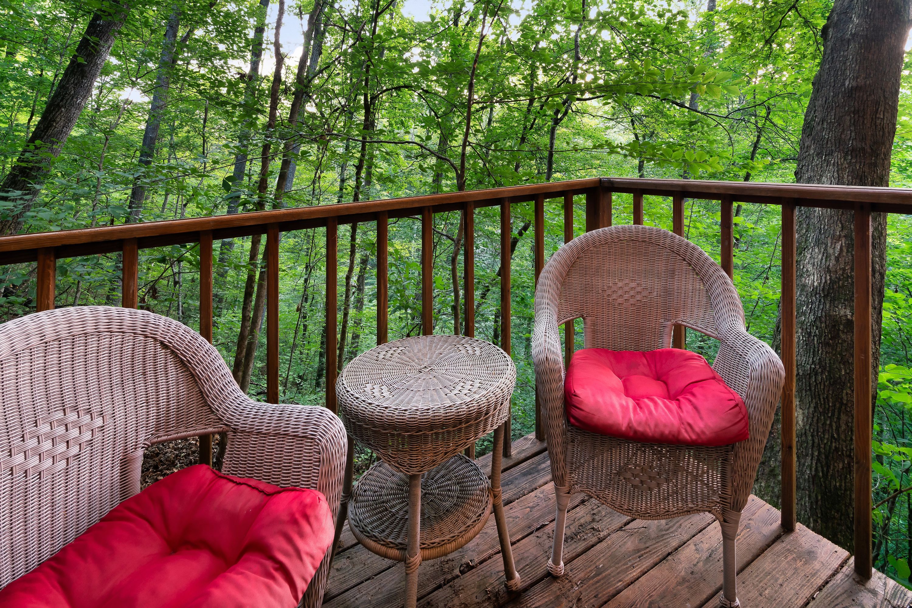 Open deck with wicker chairs and forest surroundings at Rustic Rooster